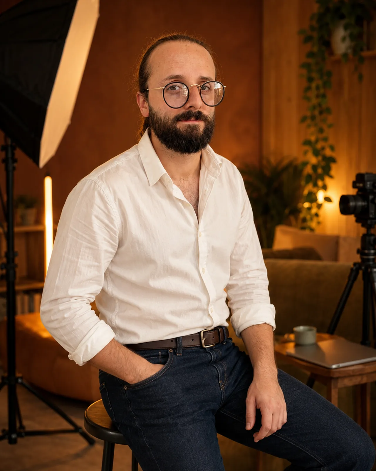 Thomas Gayraud, assis sur un tabouret dans un studio aux murs terracotta, chemise blanche et lunettes rondes.